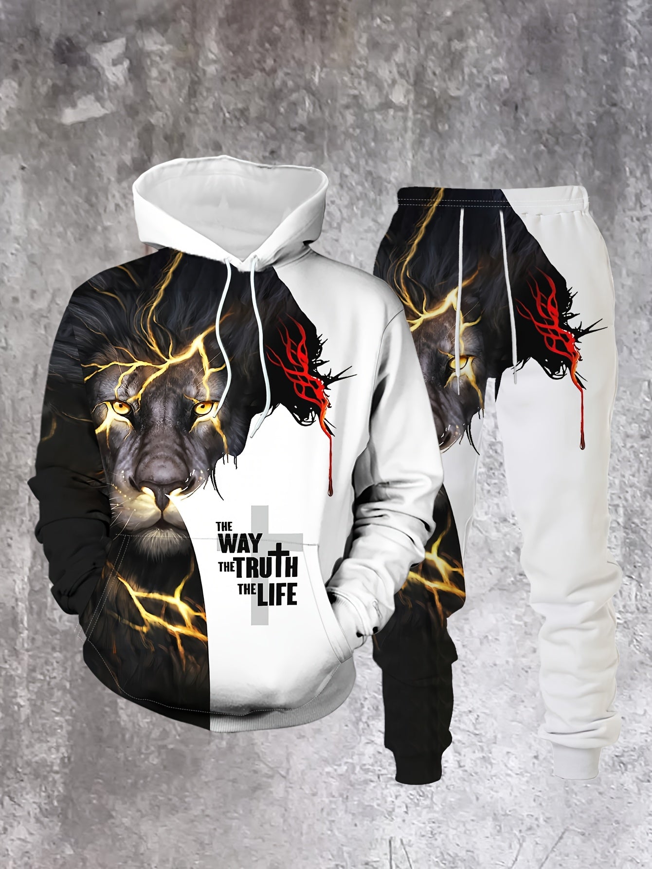 Men's Casual“Lion" Printed Hoodies Long Sleeved Sweatshirts & Sweatpants Two-Piece Set