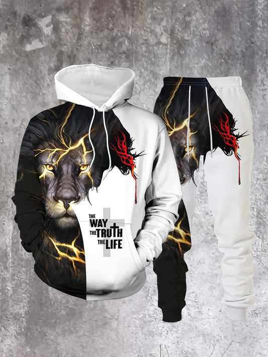 Men's Casual“Lion" Printed Hoodies Long Sleeved Sweatshirts & Sweatpants Two-Piece Set