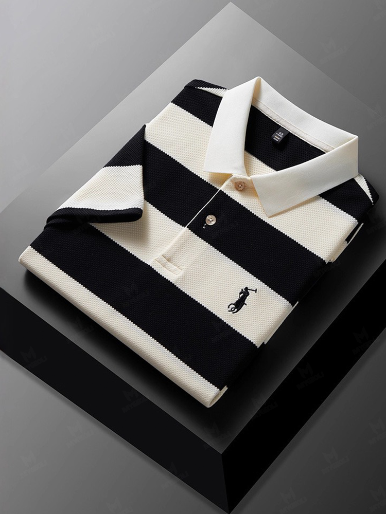 Men's Fashion Business Style Letter Printed Waffle Casual Short Sleeve POLO Shirt