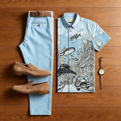 Men Vintage Undersea City Sketch Print Shirt & Light Blue Pants Two Piece Set