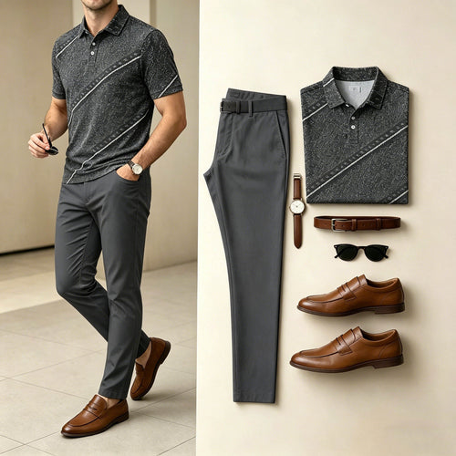 Men's Business Diagonal Thin Texture Print Polo Shirt And Pants Two-Piece Set