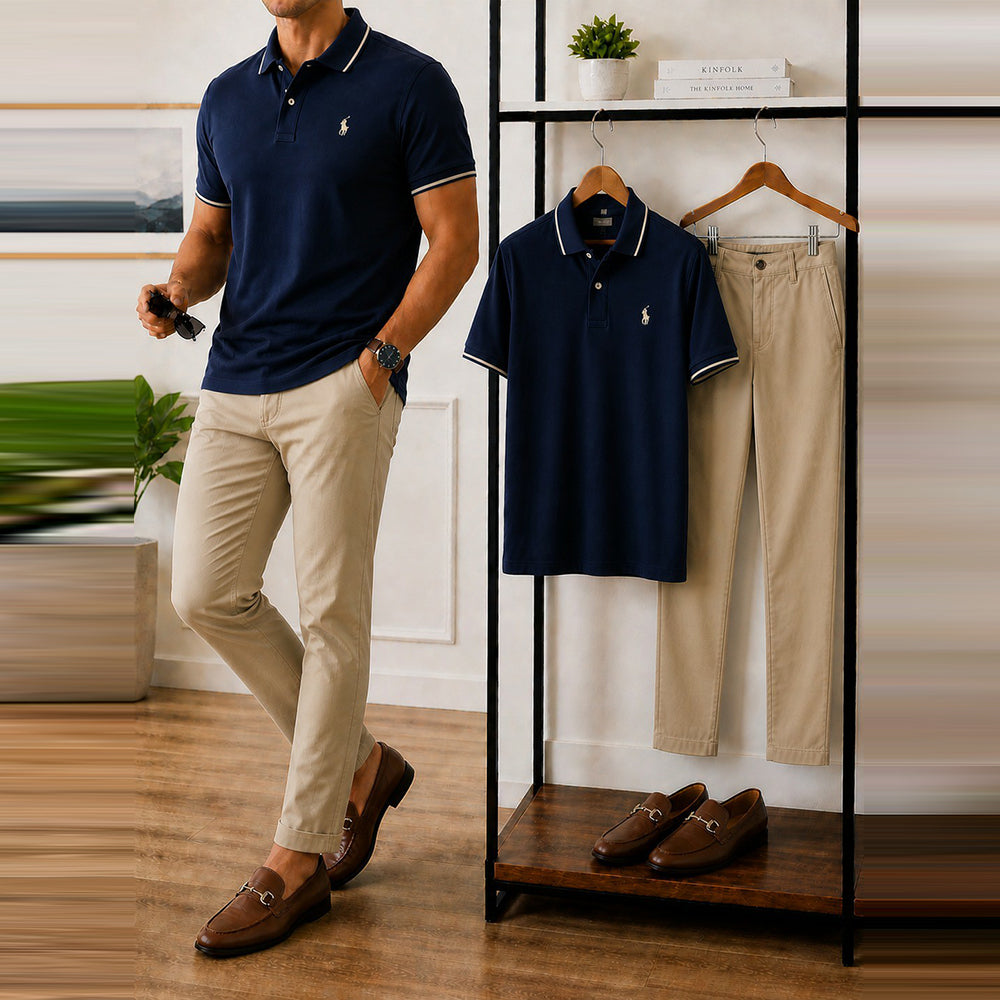 Men's Casual Navy Blue Trimmed Collar Polo Shirt And Khaki Pants Two-Piece Set