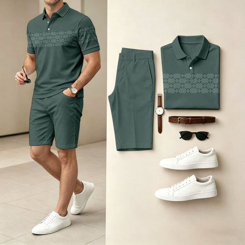 Men's Casual Geometric Color Polo Shirt & Shorts Two-Piece Set