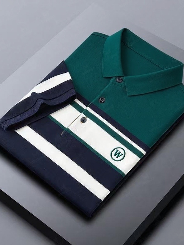 Men's Classic Business Stripe Button Short Sleeve Polo Shirt