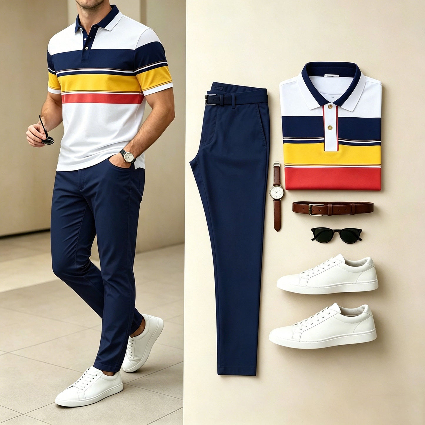 Men's Casual Colorful Stripe White Polo Shirt & Long Pants Two-Piece Set