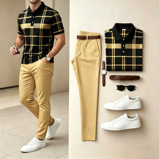 Men's Casual Black Gold Plaid Printed Polo Shirt & Pants Two-Piece Set
