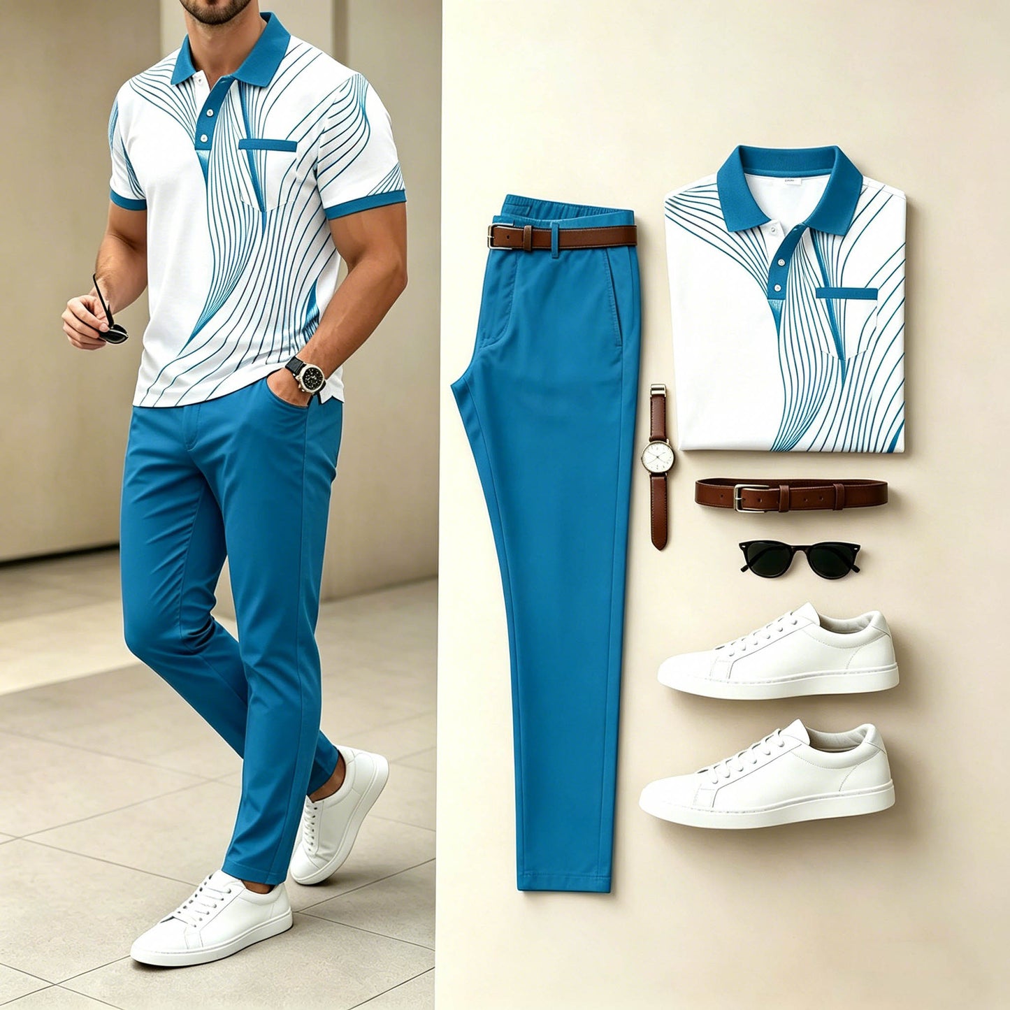 Men's Casual Cyan Line Geometric Printed Polo Shirt & Bright Blue Pants Two-Piece Set