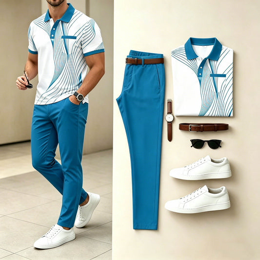 Men's Casual Cyan Line Geometric Printed Polo Shirt & Bright Blue Pants Two-Piece Set