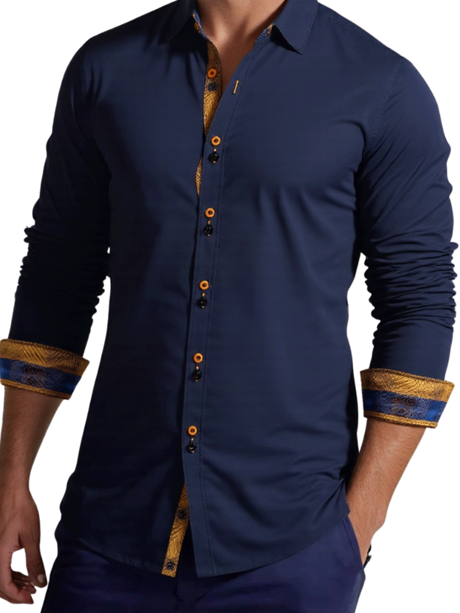 Men's Navy Gold Print Button Long Sleeve Shirt