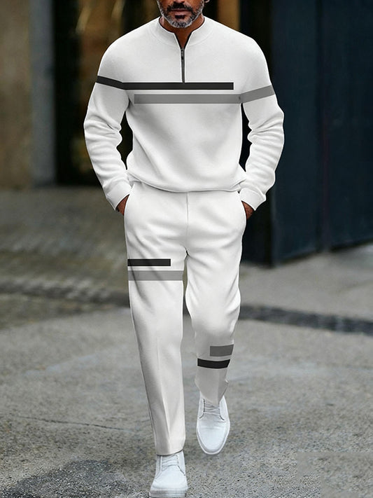 Men's fashion casual geometric print long sleeve zipper two-piece set