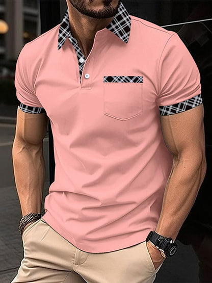 Men's retro plaid stitching fashion casual polo shirt (with pockets)