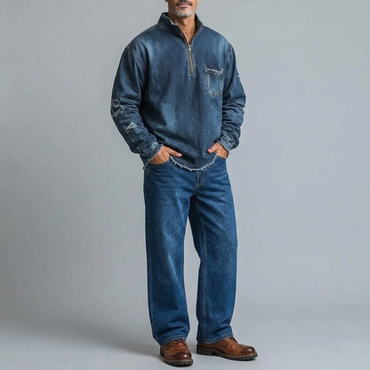 Men's Vintage Stand Collar Half Zip Chest Pocket Frayed Hem Long Sleeve Pullover Denim Sweatshirt