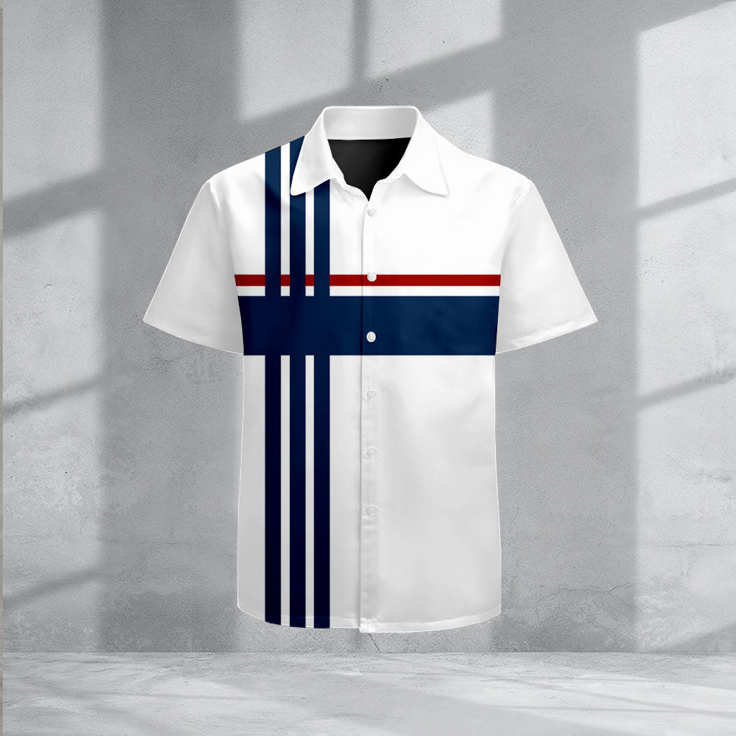 Men's Navy Blue & White Casual Striped Printed Lapel Short Sleeve Shirts