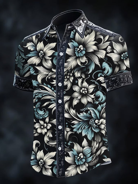Men's Vintage Dark Baroque Print Short Sleeve Shirt