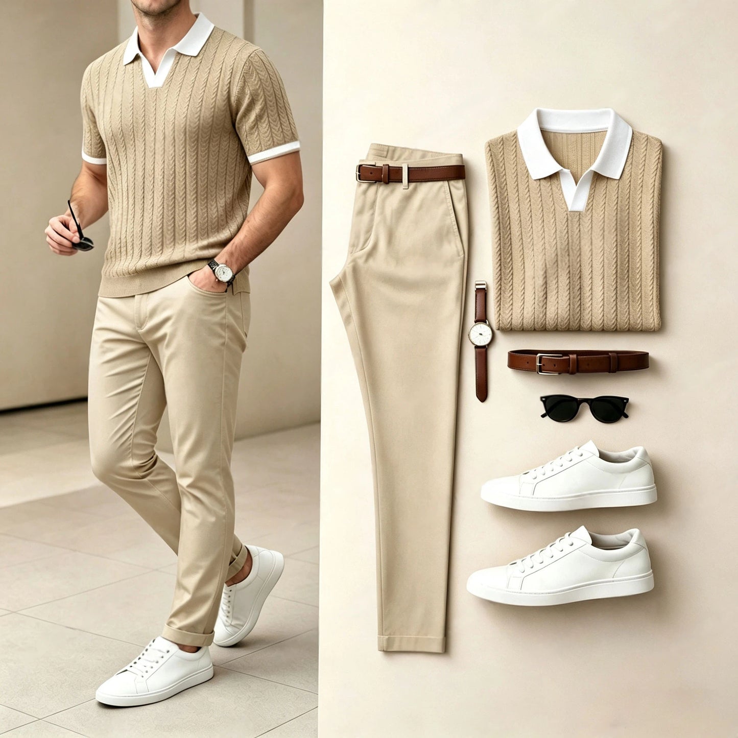 Men's Ice Silk V-Neck Knit Short-Sleeve Polo Shirt and Pants Two-Piece Set (Accessories Not Included)