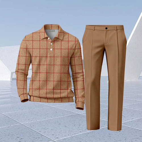Men's Checkered Print Polo Shirt and Pants Set