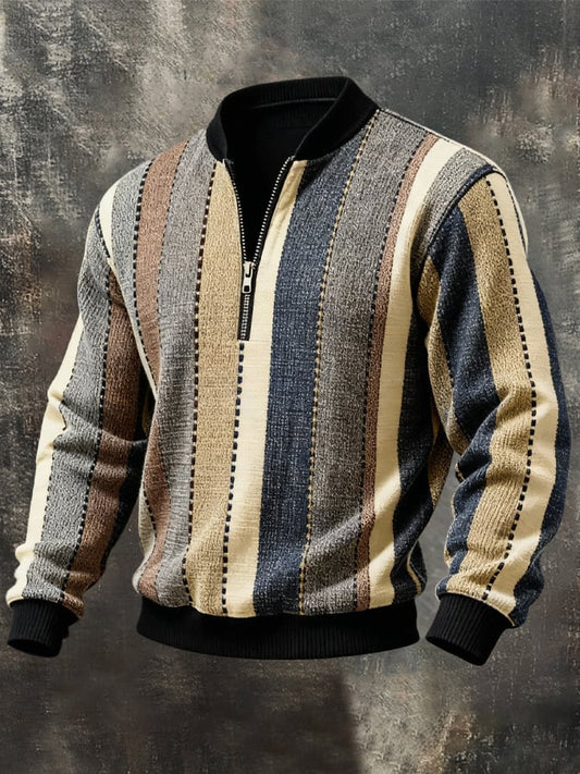 Men'S Casual Retro Contrast Color Half Zip Stand Collar Long Sleeve Sweatshirt