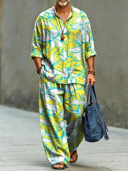 Men's Abstract Florals Print Cotton Shirt Set