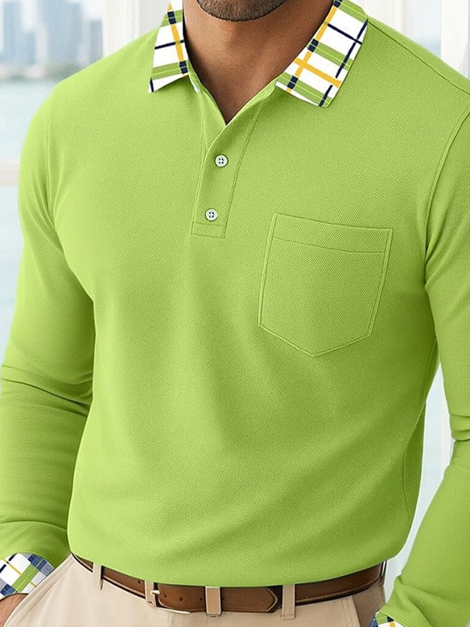Men'S Casual Patchwork Printed Long-Sleeved Polo Shirt