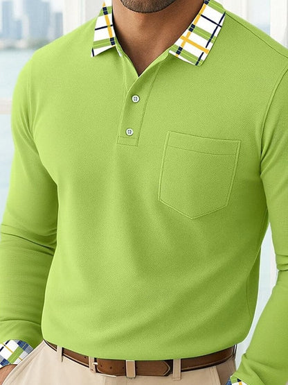 Men'S Casual Patchwork Printed Long-Sleeved Polo Shirt