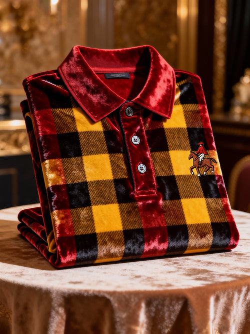 Men's Velvet Business Logo Print Long Sleeve Polo Shirt