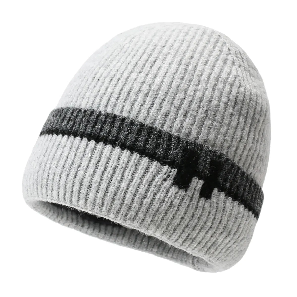 Men's Navy Blue Ribbed Knit Contrast Stripe Fold-Over Brim Fleece Lined Beanie Hat