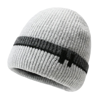 Men's Navy Blue Ribbed Knit Contrast Stripe Fold-Over Brim Fleece Lined Beanie Hat