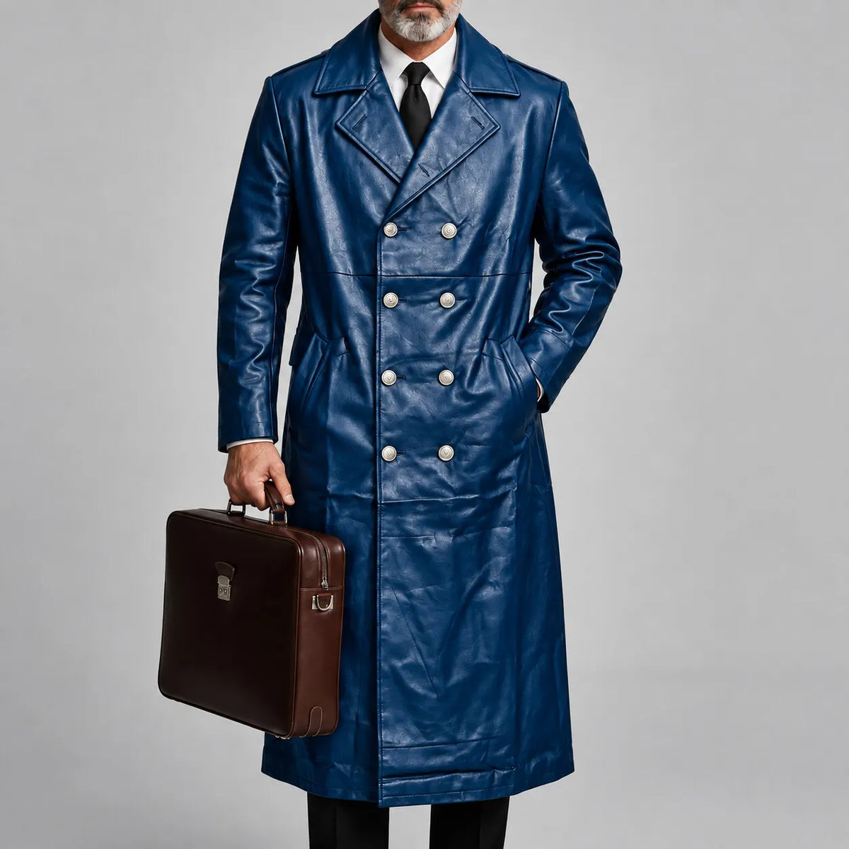 Men's Dark Brown PU Leather Slant Pockets Notched Lapel Double-Breasted Trench Coat