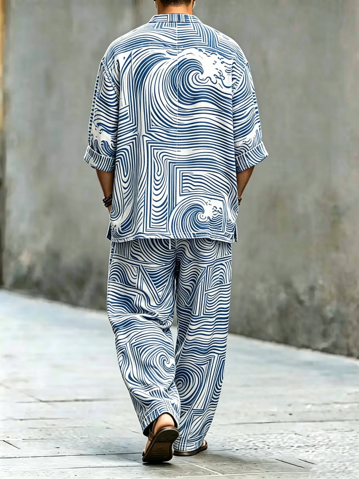 Men's Vintage Abstract Art Printed Cotton Shirt Set (Top & Pants)