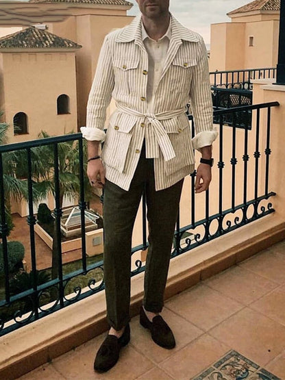 Men's Retro Striped Multi-Pocket Design Casual Suit