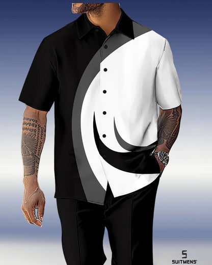 Men's Gorgeous Color Block Short Sleeve Shirt Walking Suit 1071