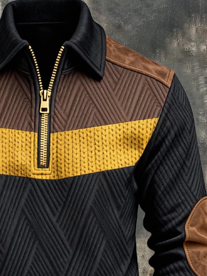 Men's Retro Color Block Print Zipper Sweatshirt