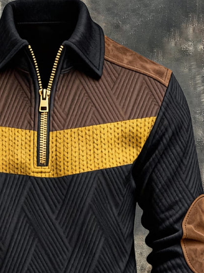 Men's Retro Color Block Print Zipper Sweatshirt