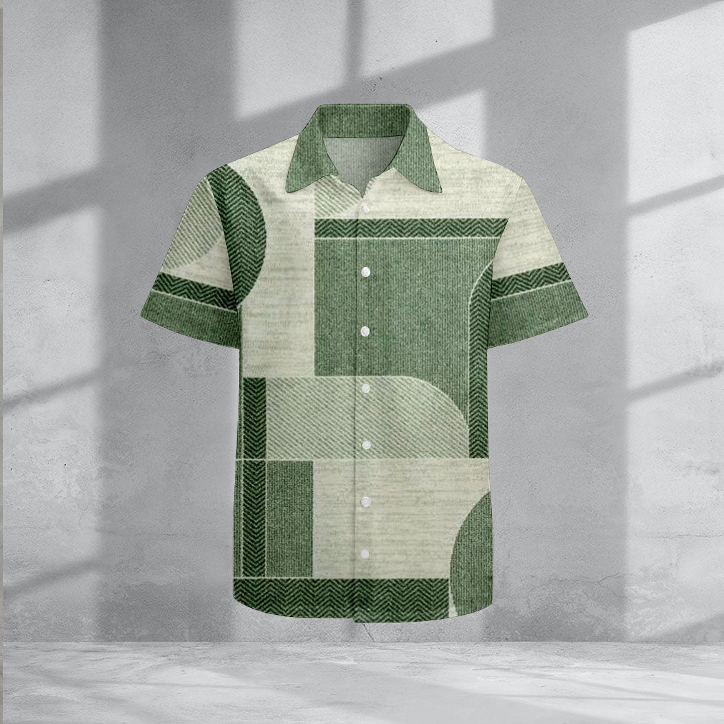 Men's Casual Lapel Green Color Matching Geometric Printed Short Sleeve Shirts