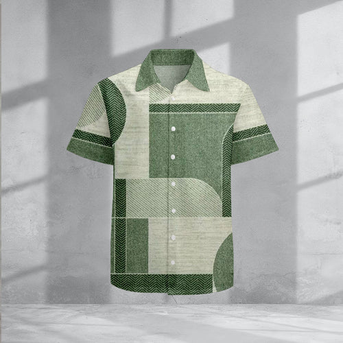 Men's Casual Lapel Green Color Matching Geometric Printed Short Sleeve Shirts