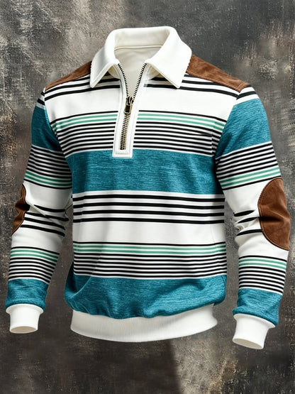 Men's Retro Color Block Print Zipper Sweatshirt