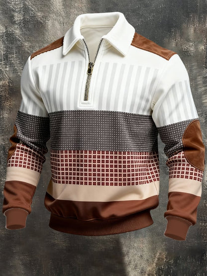 Men's Retro Color Block Print Zipper Sweatshirt