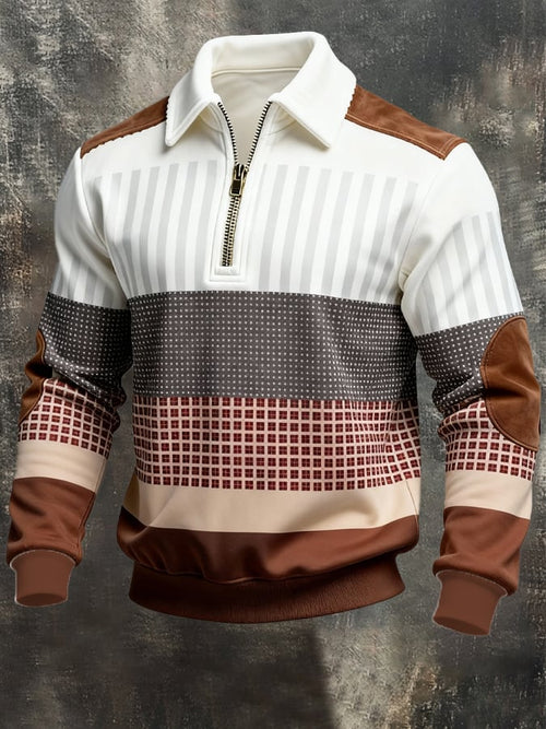 Men's Retro Color Block Print Zipper Sweatshirt