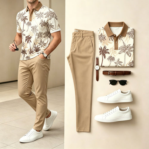 Men's Casual Khaki Color Matching Printed Short Sleeves Polo Shirt & Pants Two Piece Set