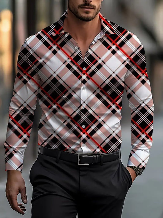 Men's Classic Business Plaid Stripe Print Long Sleeve Shirt