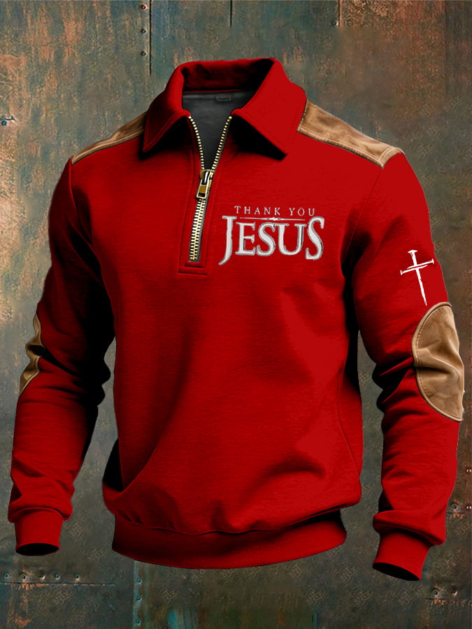 Men's vintage Faith “Thank You Jesus” Design Print Casual Zipper Sweatshirt-Fast Shipping