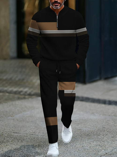 Men's Casual Color Matching Printed Round-Neck Zipper Long Sleeved Trousers Two-Piece Set