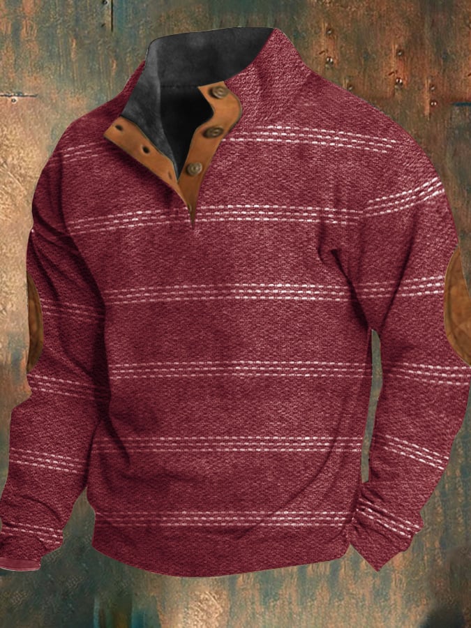 Men's Western Retro Print Element Design Stand Collar Button Sweatshirt