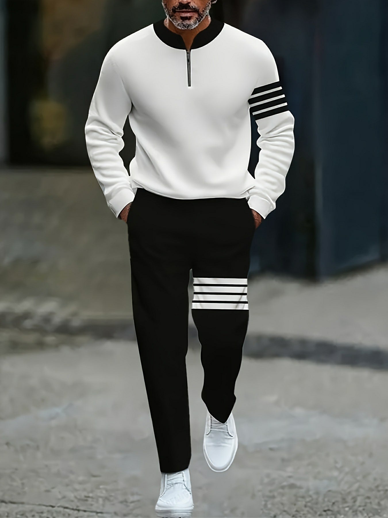 Men's Casual Black & White Color Matching Striped  Printed Round-Neck Zipper Long Sleeved Trousers Two-Piece Set