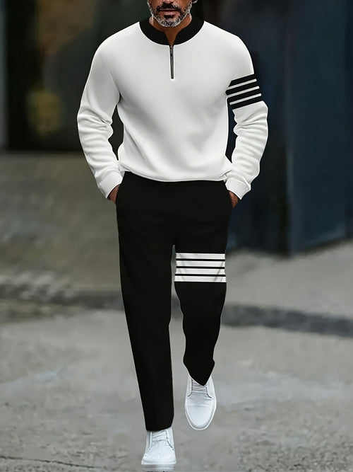 Men's Casual Black & White Color Matching Striped  Printed Round-Neck Zipper Long Sleeved Trousers Two-Piece Set