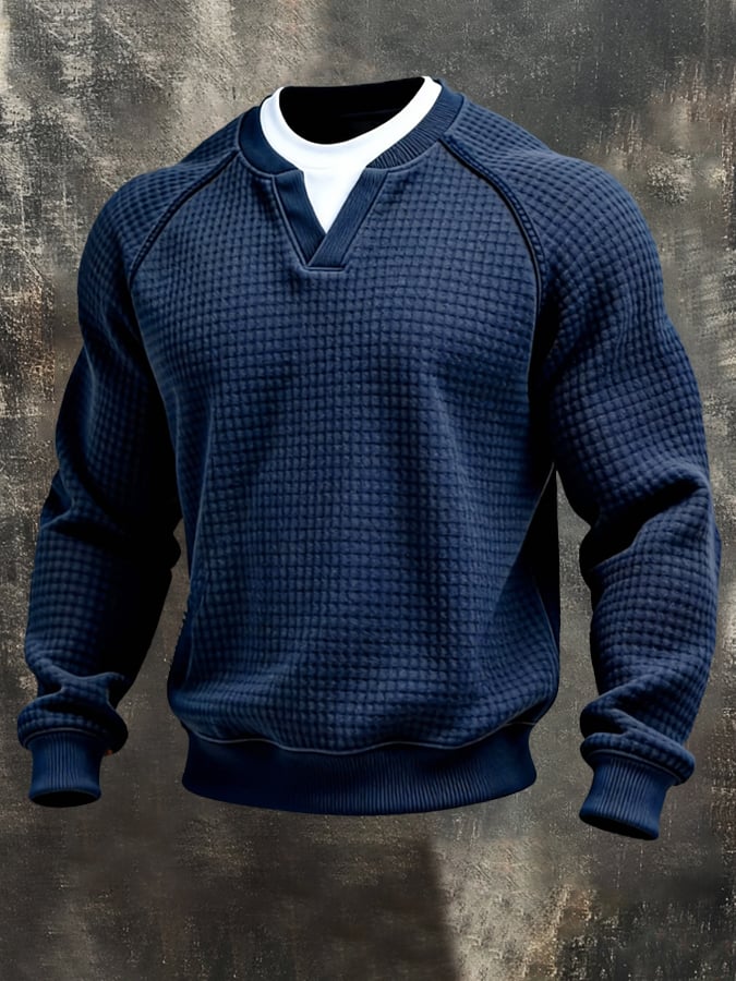 Men'S Vintage Waffle-Knit Color-Block Faux Two-Piece Long-Sleeved Sweatshirt