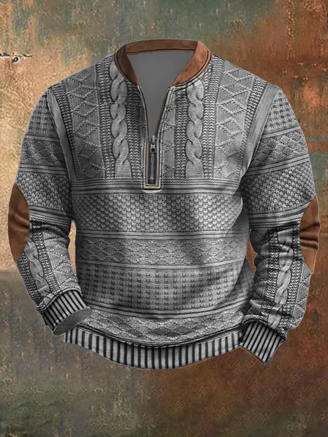 Men's Vintage Knit Print Zip-Up Sweatshirt