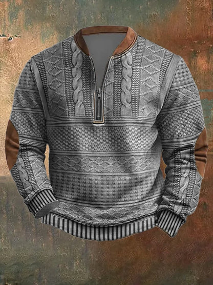 Men's Vintage Knit Print Zip-Up Sweatshirt