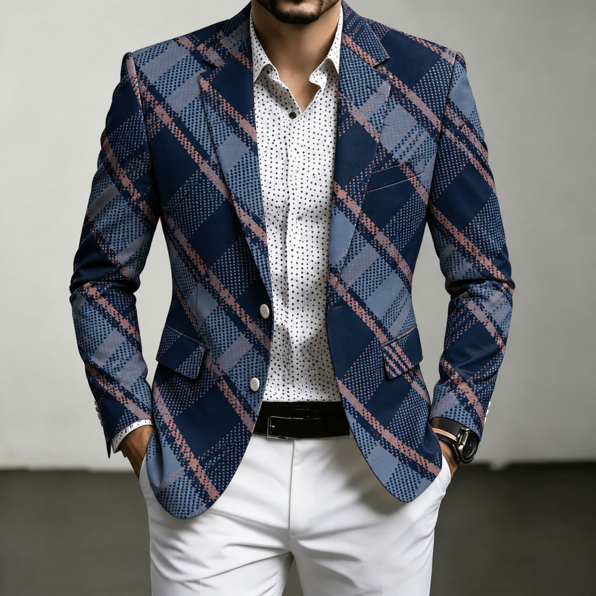Men's Blue Diamond-Patterned Casual Blazer