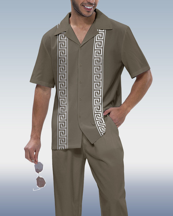 Rianmond Men's Gray Vintage Print Short Sleeve Shirt Walking Set 598